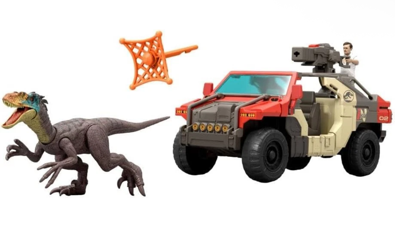 Jurassic World Rebirth Launch 'N Battle Action Vehicle Set with Velociraptor
