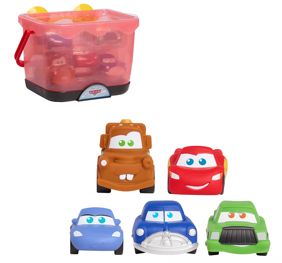 Disney and Pixar Cars Bath Caddy, 6-pieces, 5 Bath Toy Figures Sealed for Safety