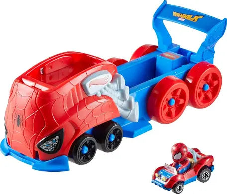 Hot Wheels Toy Car Track Set, Spider-Man Large-Scale Launcher and Hauler